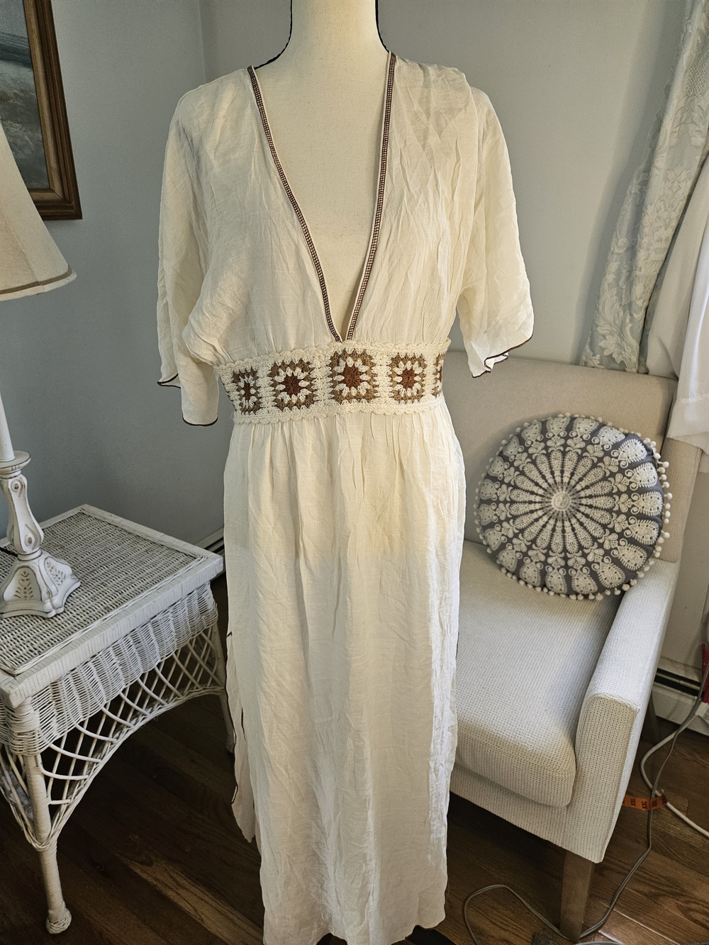 Cupshe Ivory Maxi Dress with Brown Crochet Waist
